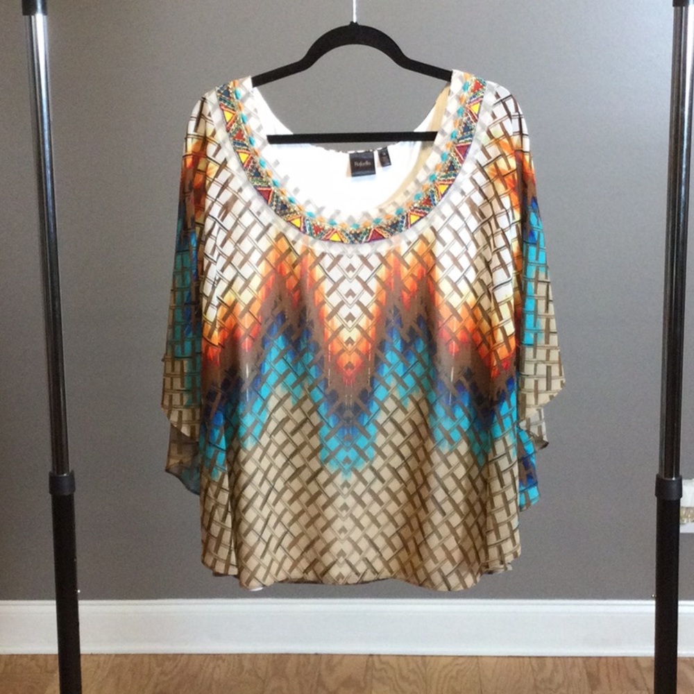 1X Rafaella Embellished Multicolor Southwest Geometric Boho Top